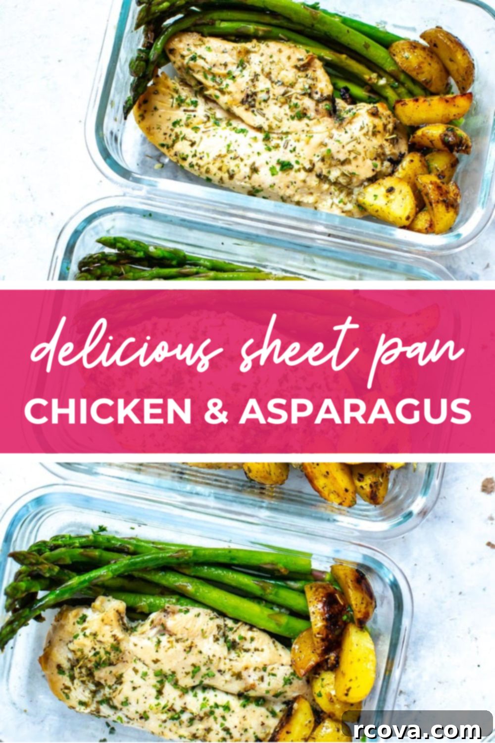 Golden Chicken and Asparagus Roast 10 Overhead shot of plated dish with pink banner in the middle - reading "delicious sheet pan chicken & asparagus"