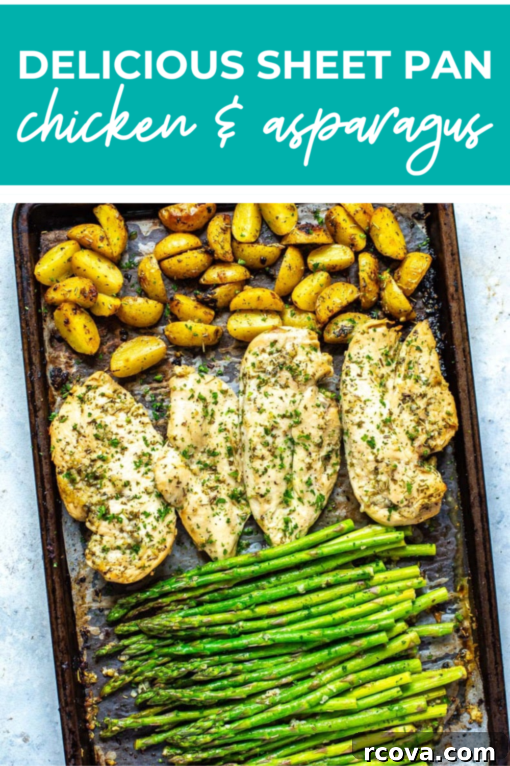 Golden Chicken and Asparagus Roast 11 Overhead shot of plated dish with pink banner in the middle - reading "delicious sheet pan chicken & asparagus"