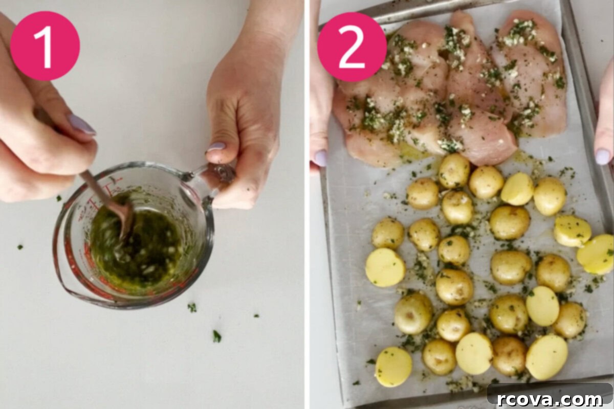 Golden Chicken and Asparagus Roast 4 Visual steps 1 and 2: Preparing the lemon herb mixture, and tossing potatoes and chicken on a sheet pan before baking.