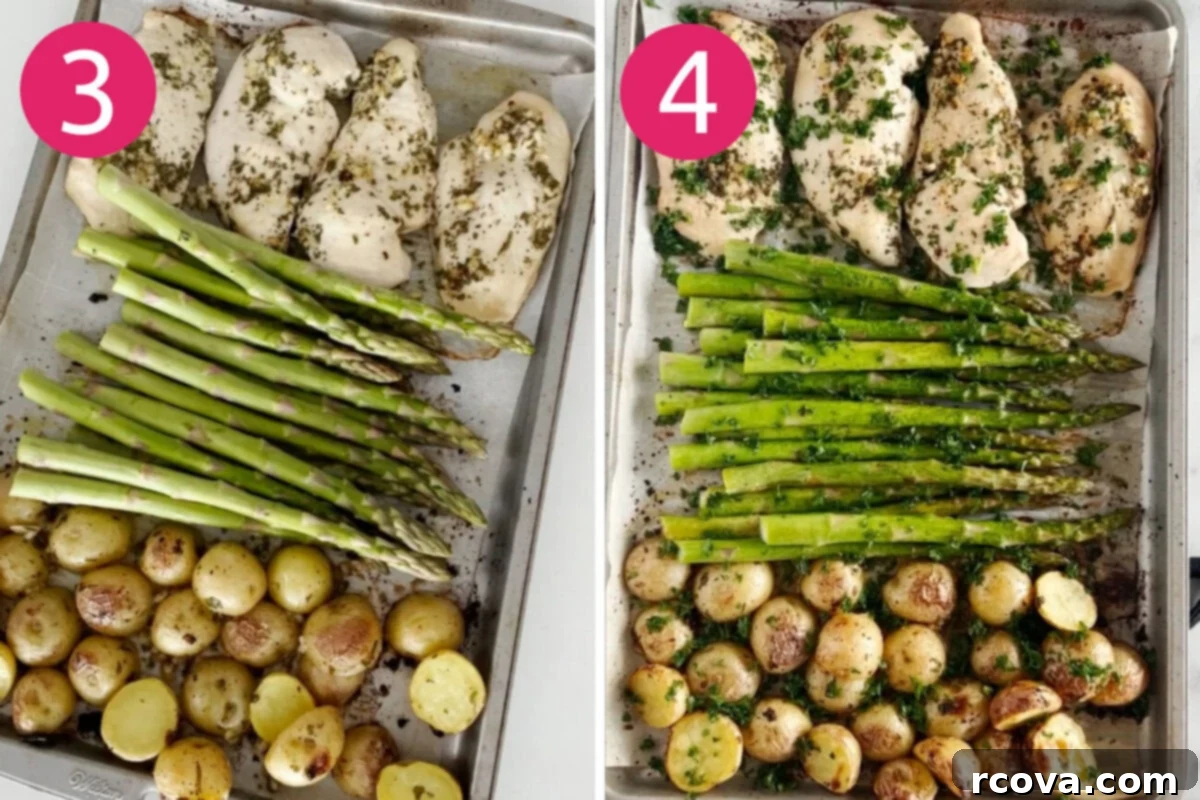 Golden Chicken and Asparagus Roast 5 Visual steps 3 and 4: Adding asparagus to the sheet pan for the final bake, followed by the plated, ready-to-serve chicken and asparagus.