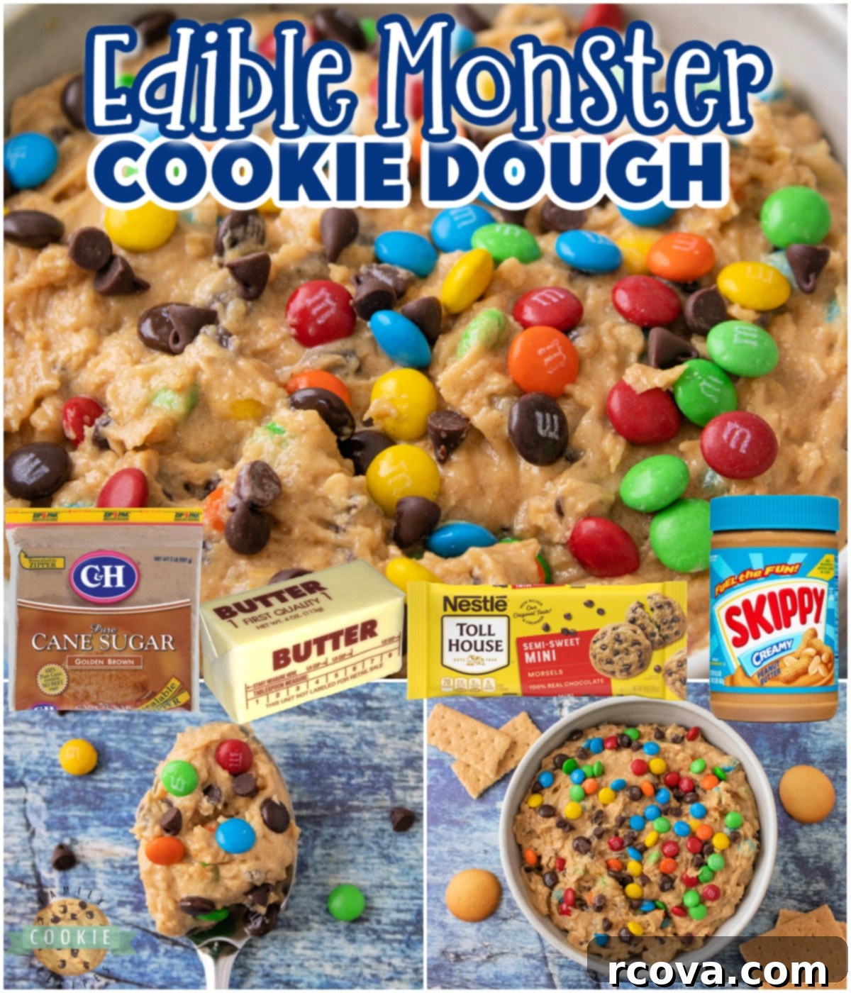 No-Bake Monster Cookie Dough 6 Collage showing various stages and serving suggestions for Edible Monster Cookie Dough, highlighting its safe-to-eat nature.