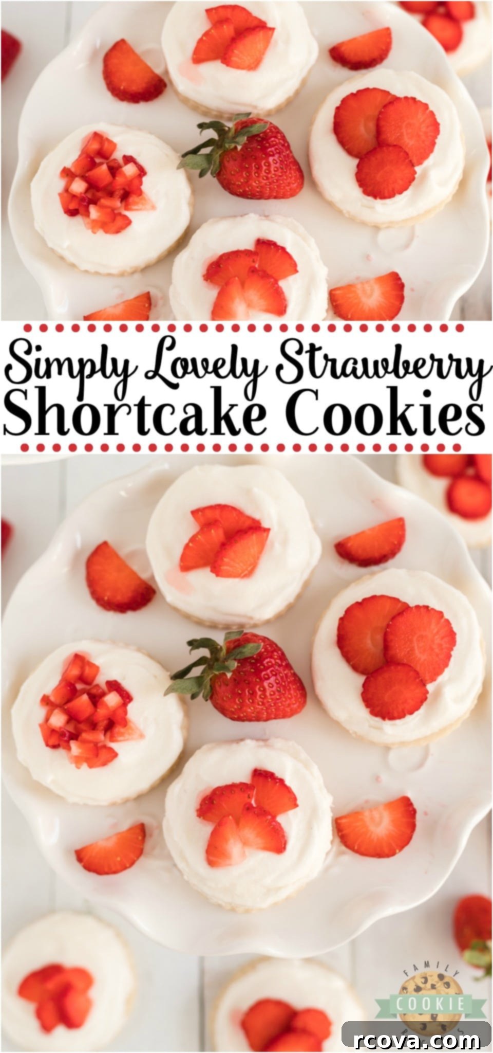 Strawberry Shortcake Dream Cookies 17 Pinterest graphic: Strawberry Shortcake cookies are a delicious sugar cookie topped with whipped cream and fresh sliced strawberries. Every sweet bite reminds you of traditional strawberry shortcakes!