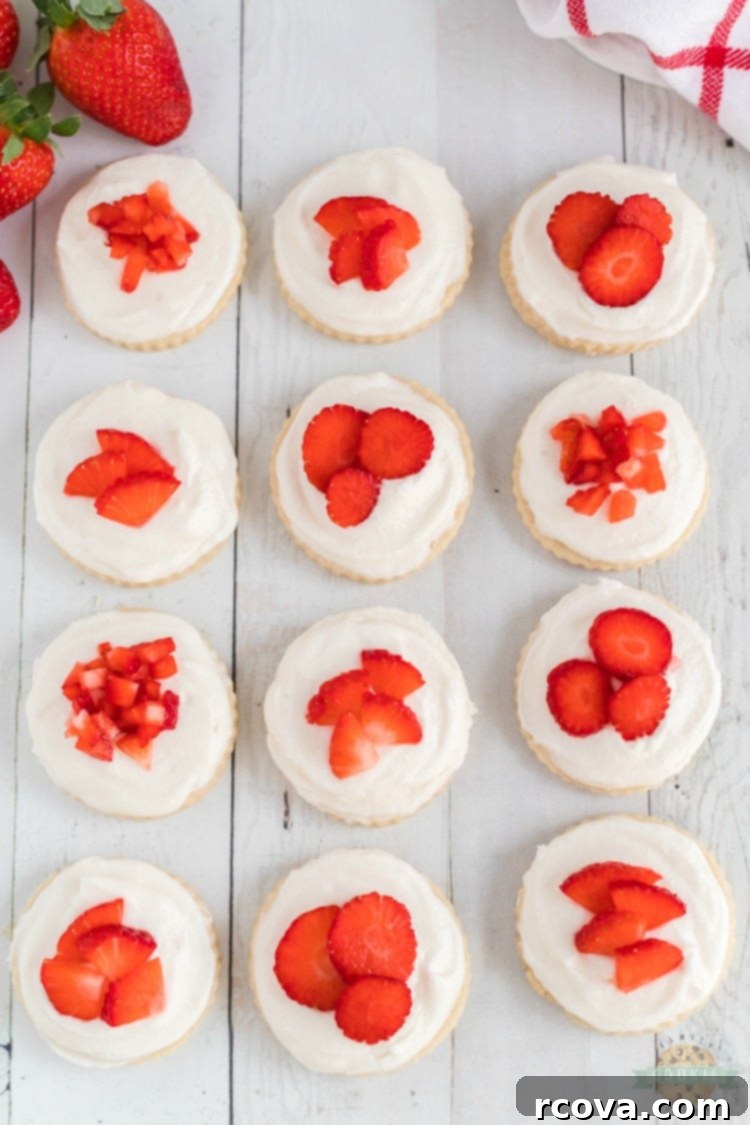 Strawberry Shortcake Dream Cookies 9 Finished strawberry shortcake cookies with generous frosting and fresh berries.
