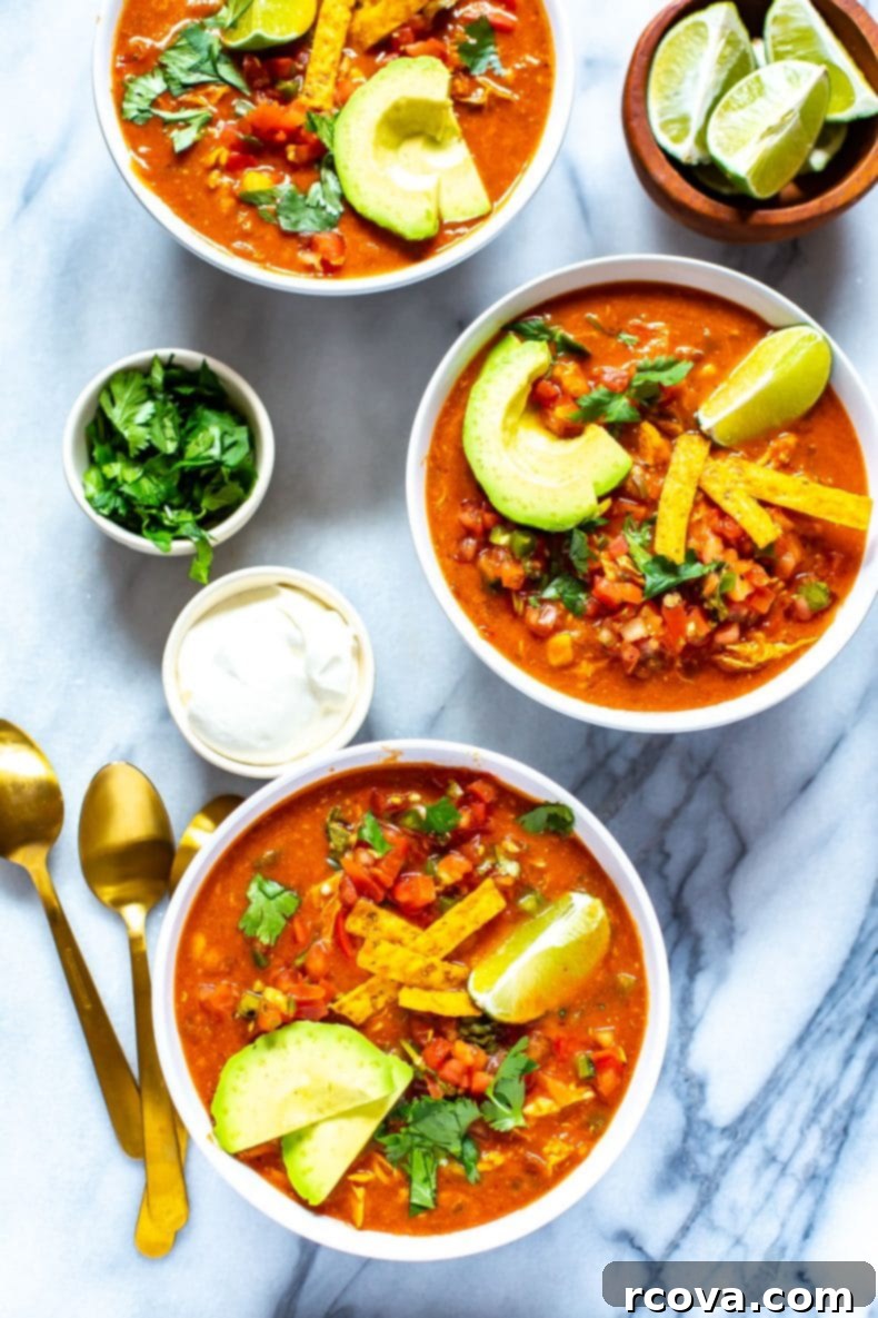 This Instant Pot Chicken Enchilada Soup is a delicious copycat of Chili's enchilada soup recipe. It's made healthier and easily using pantry staples! You'll love this Mexican soup!  3 bowls of chicken tortilla soup
