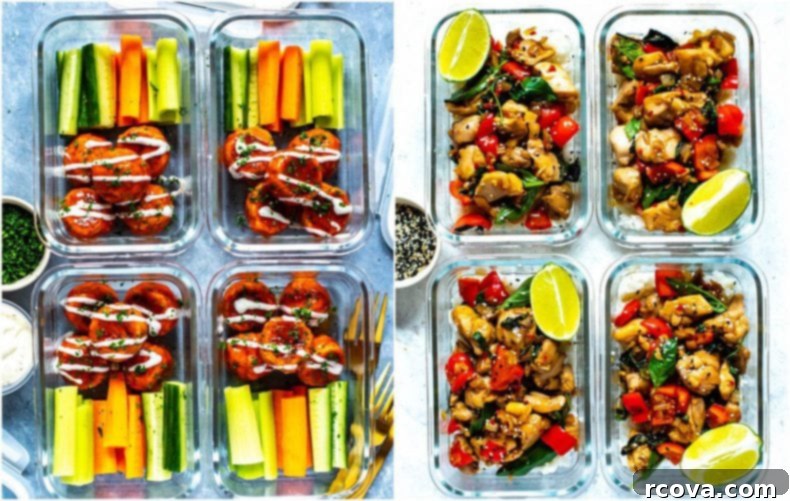 Your First 7 Steps to Stress-Free Meal Prep 5 A collage with buffalo chicken meatballs next to meal prep Thai basil chicken.