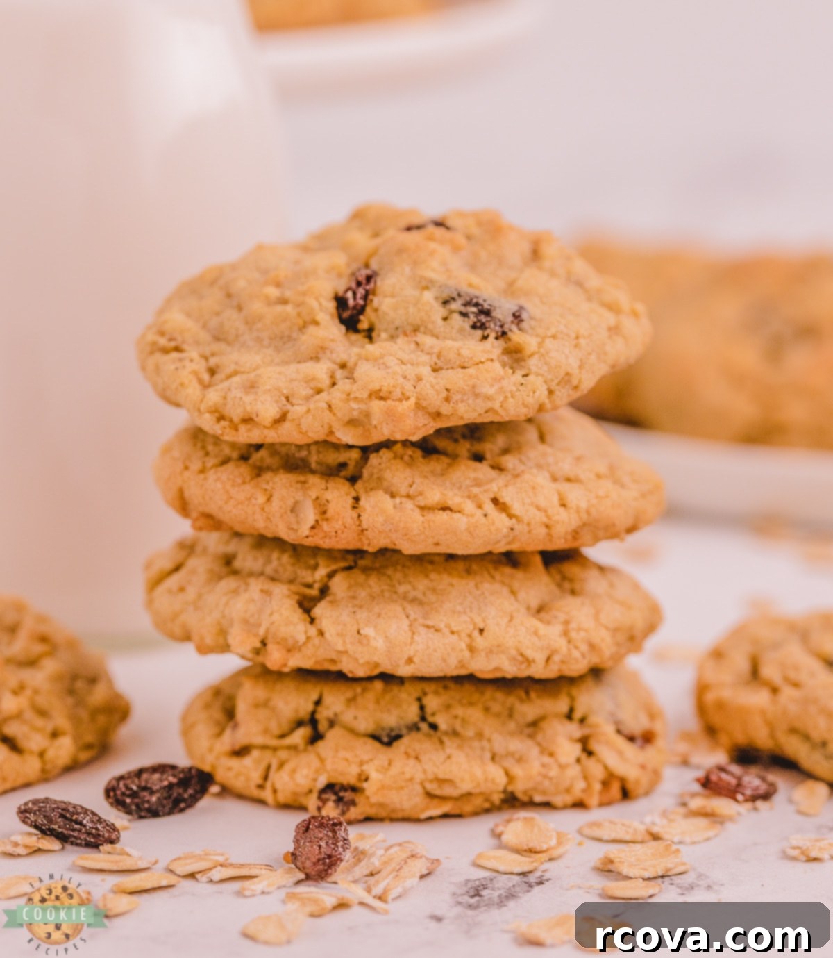 Irresistible Oatmeal Raisin Cookies 3 stack of soft and chewy raisin cookies