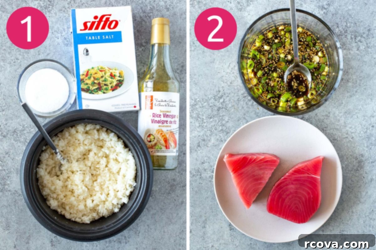 Homemade Ahi Tuna Poke Bowl 4 Visual steps 1 and 2 for preparing a poke bowl, showing rice cooking and tuna being diced.