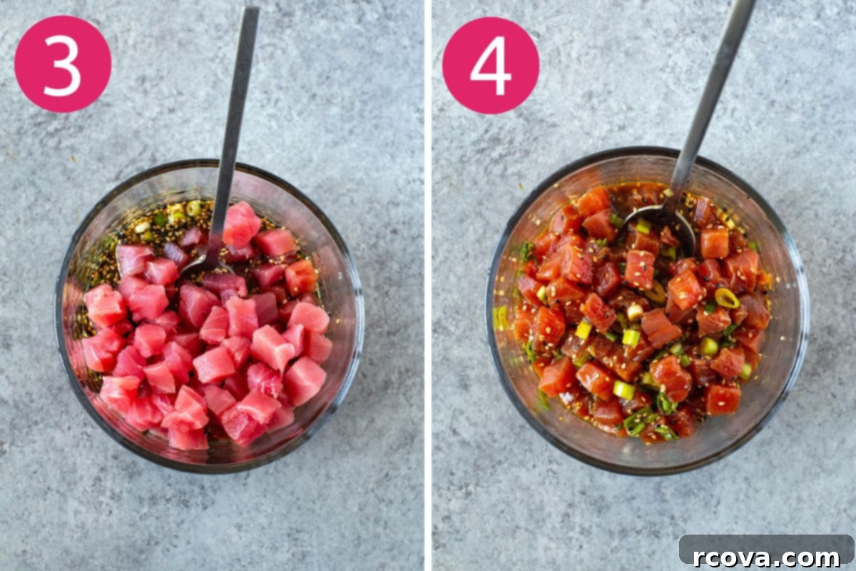 Homemade Ahi Tuna Poke Bowl 5 Visual steps 3 and 4 for assembling a poke bowl, showing tuna marinating and a finished bowl.
