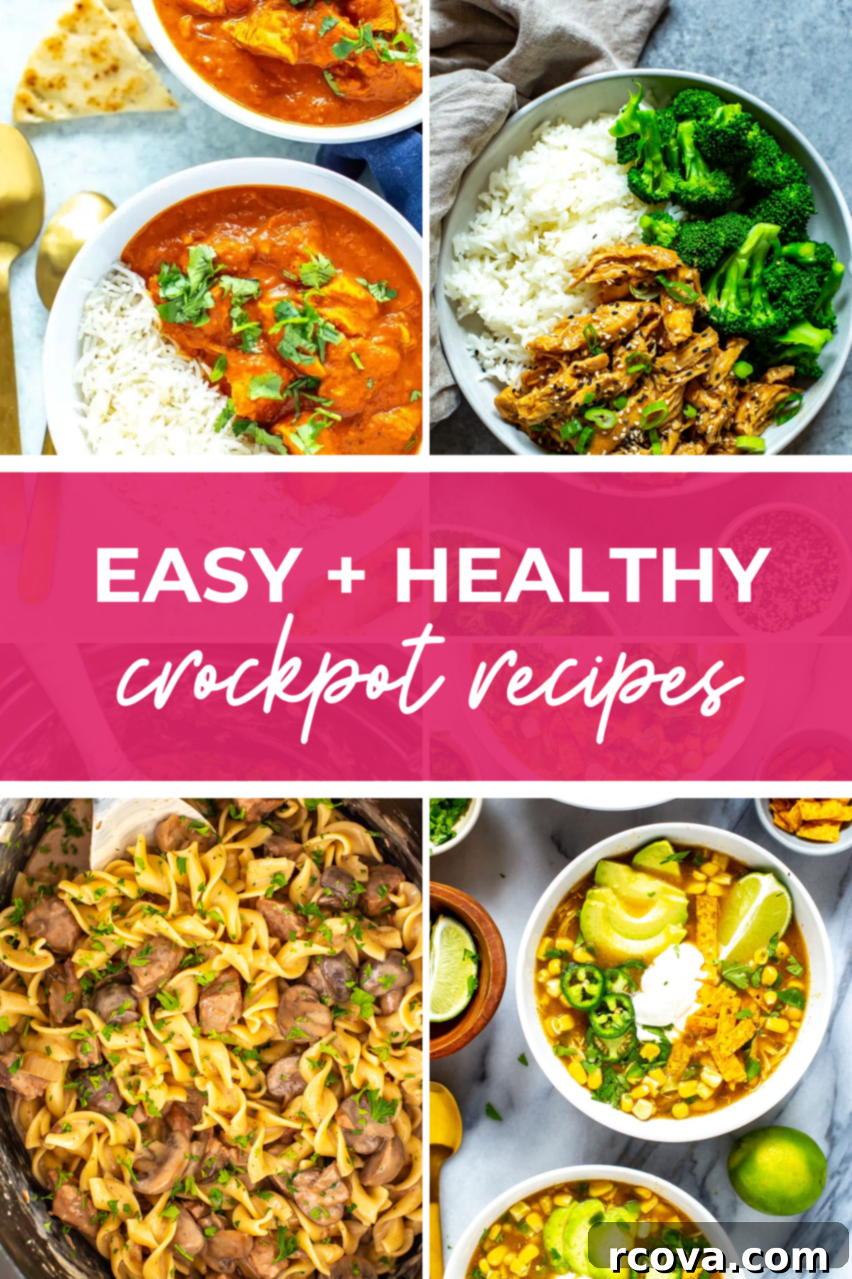 Healthy Crockpot Dump Dinners 2 Overhead shot of plated dishes with pink banner in the middle - reading "easy + healthy crockpot recipes"