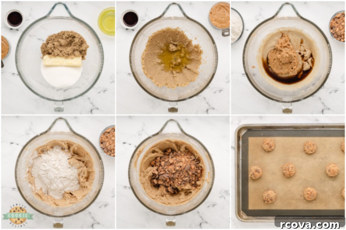 Butterfinger Peanut Butter Crunch Cookies 5 Step by step instructions on how to make Butterfinger Peanut Butter Cookies.
