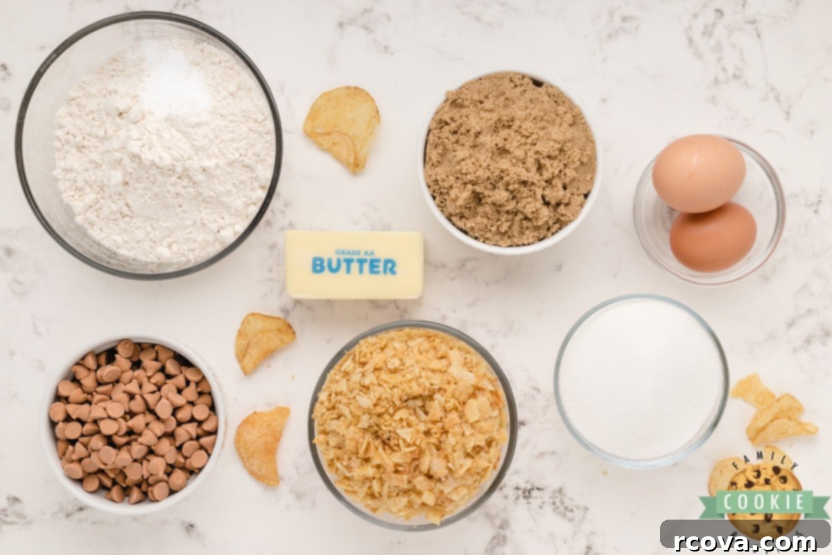 Salty Sweet Cookie Crunch 5 Bowl of crushed potato chips, butterscotch chips, and other ingredients for cookies