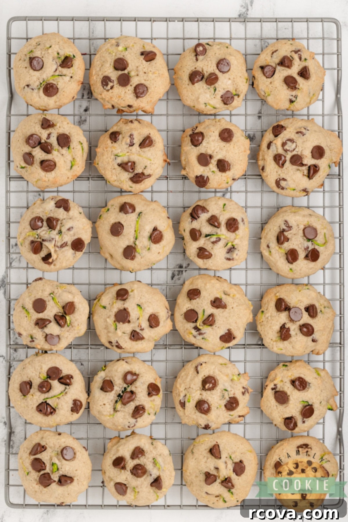 Hidden Veggie Chocolate Chip Delights 11 Zucchini Chocolate Chip Cookies cooling completely on a metal wire rack.