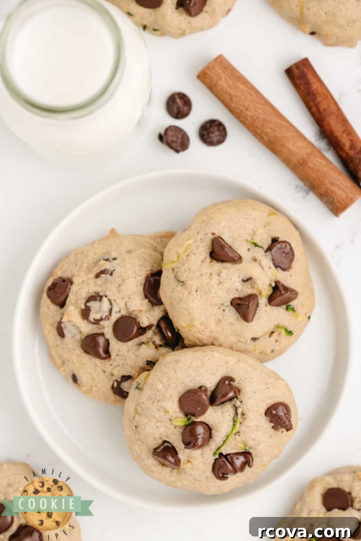 Hidden Veggie Chocolate Chip Delights 14 A plate stacked with soft, thick Zucchini Chocolate Chip Cookies, showcasing their moist texture.