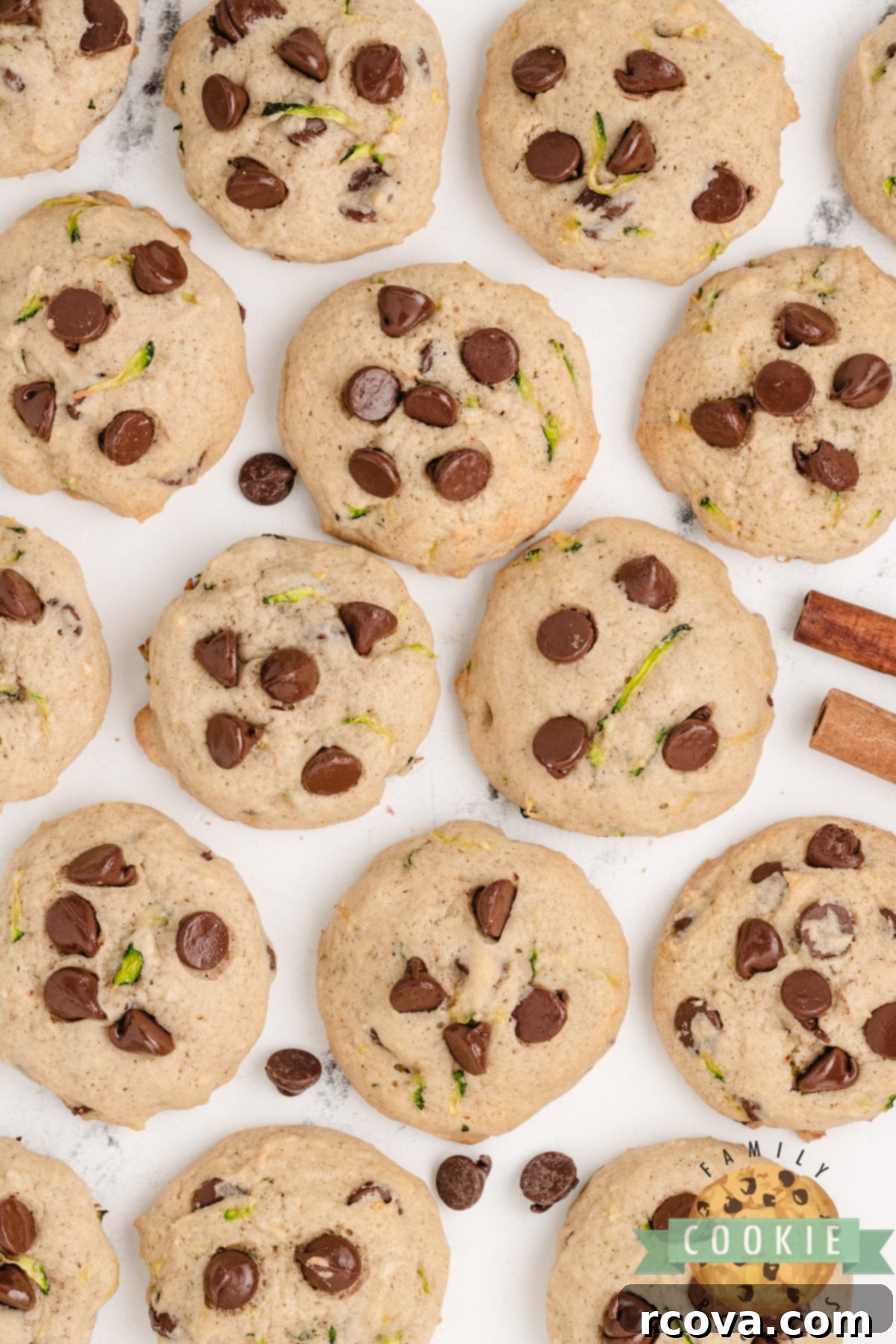 Hidden Veggie Chocolate Chip Delights 16 Several Zucchini Chocolate Chip Cookies arranged artfully, highlighting the mix of chocolate and subtle green flecks from zucchini.
