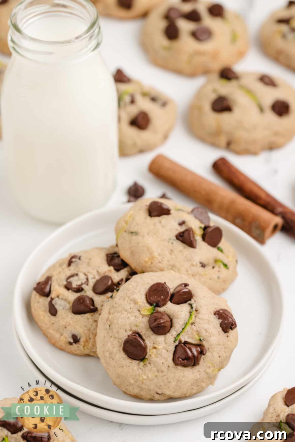 Hidden Veggie Chocolate Chip Delights 4 Delicious chocolate chip cookies with specks of fresh zucchini visible, cooling on a wire rack.