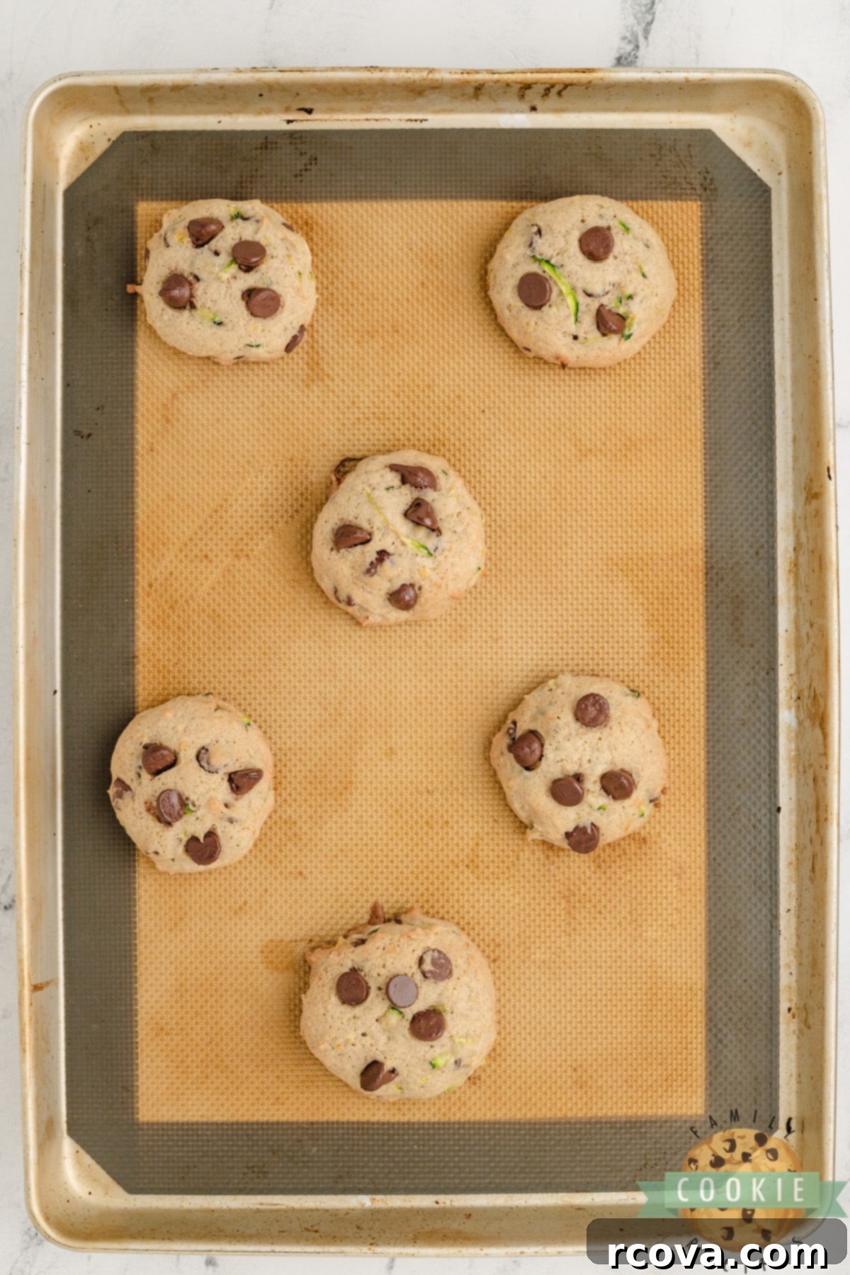 Hidden Veggie Chocolate Chip Delights 10 Freshly baked Zucchini Chocolate Chip Cookies still on the cookie sheet, with golden-brown edges.