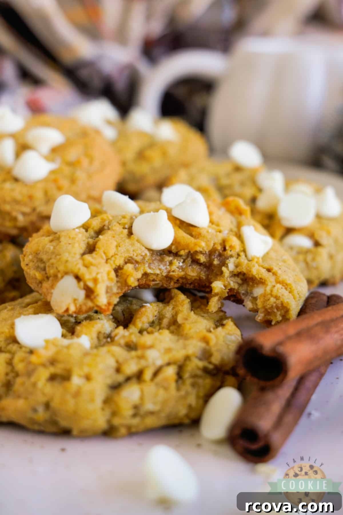 Golden Pumpkin White Chocolate Oat Jewels 16 A perfectly arranged stack of delicious White Chocolate Chip Pumpkin Oatmeal Cookies, showcasing their soft, chewy texture and inviting appearance.