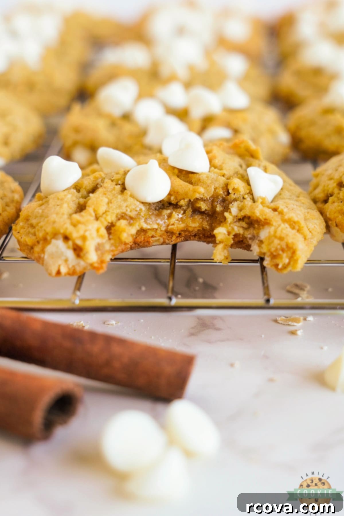Golden Pumpkin White Chocolate Oat Jewels 5 Freshly baked pumpkin cookies cooling on a wire rack after being removed from the oven.