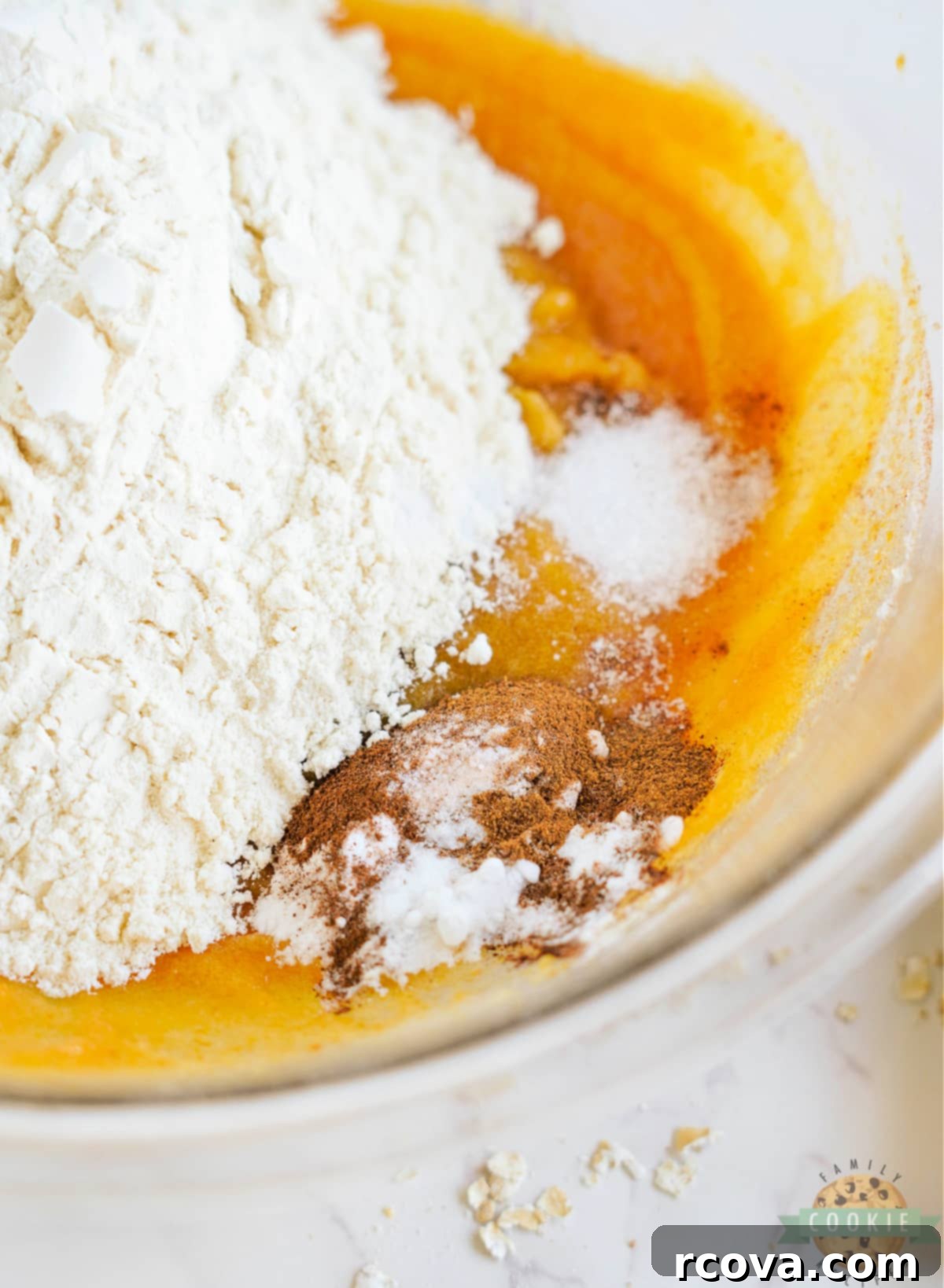 Golden Pumpkin White Chocolate Oat Jewels 8 Incorporating dry ingredients such as flour, baking soda, salt, cinnamon, and pumpkin pie spice into the pumpkin oatmeal cookie dough.