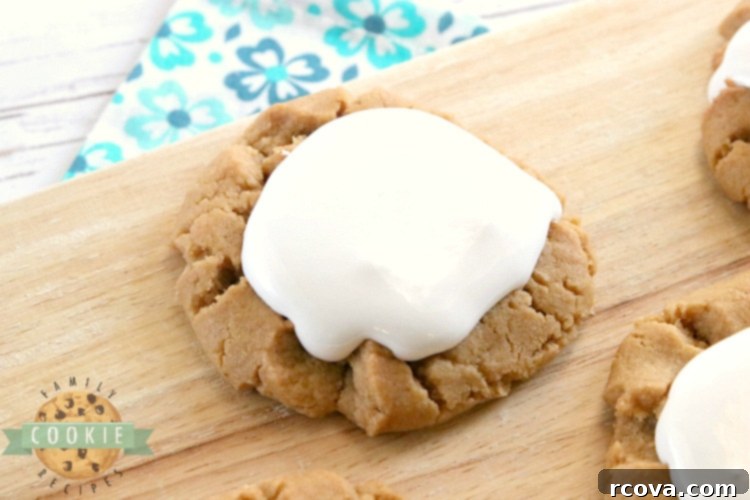 Gooey Fluffernutter Cookies 3 Homemade Fluffernutter Cookies with golden peanut butter base and white marshmallow topping.