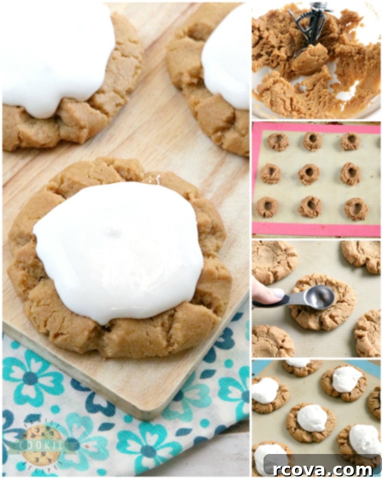 Gooey Fluffernutter Cookies 5 Fluffernutter cookies cooling on a wire rack, ready for marshmallow topping.