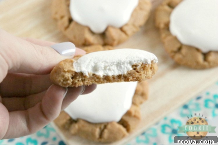 Gooey Fluffernutter Cookies 7 Delicious Fluffernutter cookies with a perfect dollop of marshmallow fluff.