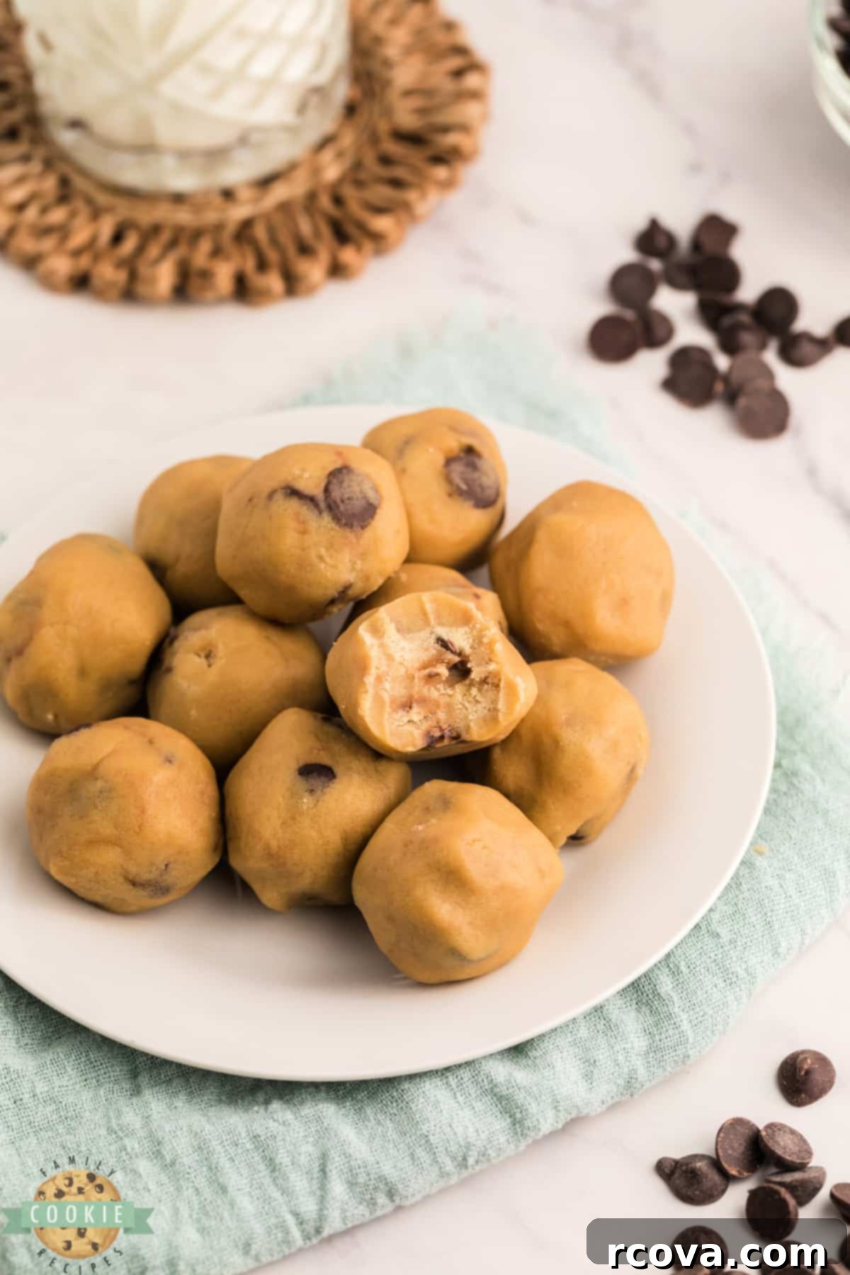 Indulgent Chocolate Chip Dough Gems 12 A large bowl of edible chocolate chip cookie dough, showcasing its rich texture and plentiful chocolate chips.