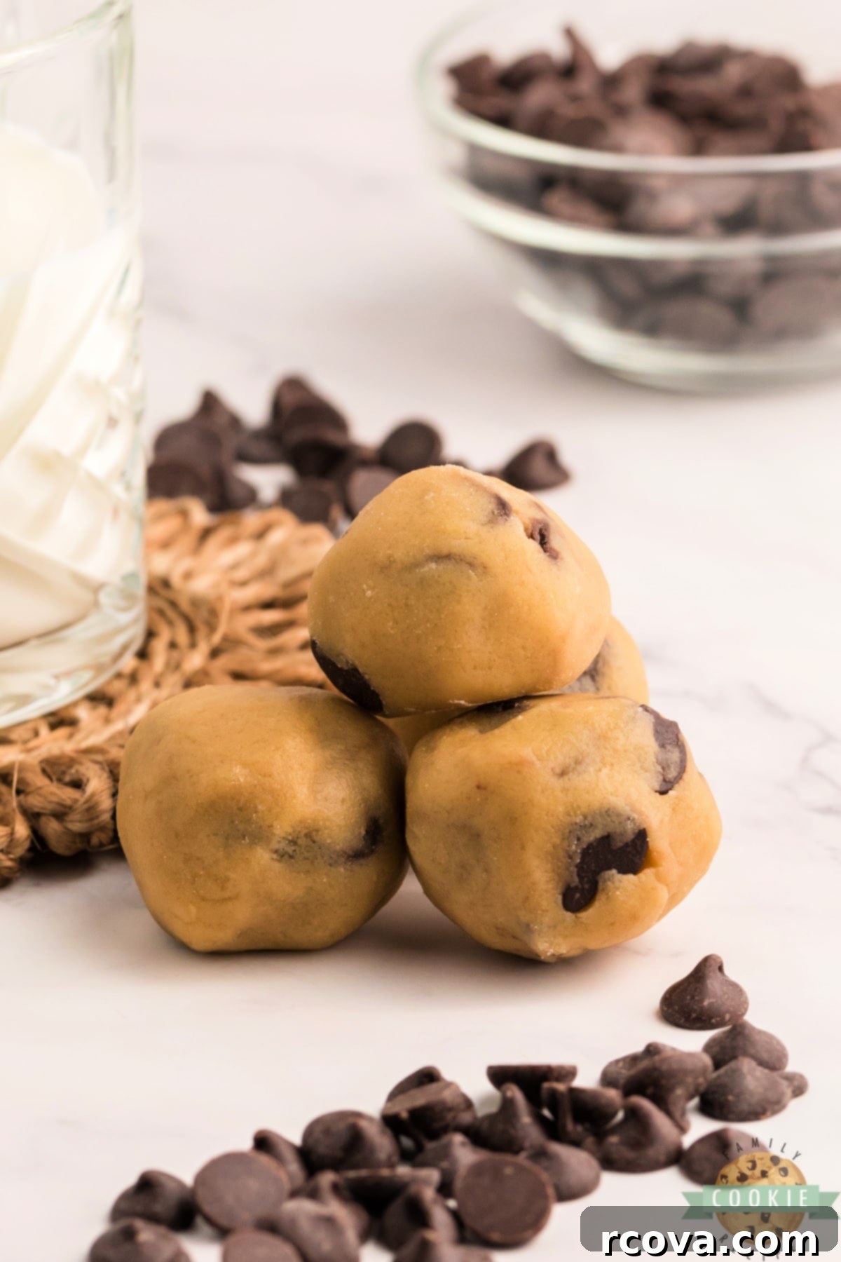 Indulgent Chocolate Chip Dough Gems 13 A handful of delicious chocolate chip cookie dough bites, showcasing their perfect snack size and inviting texture.