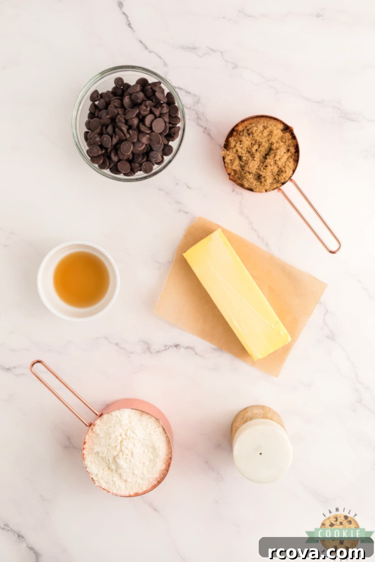 Indulgent Chocolate Chip Dough Gems 4 All the essential ingredients for chocolate chip cookie dough bites laid out on a clean surface.