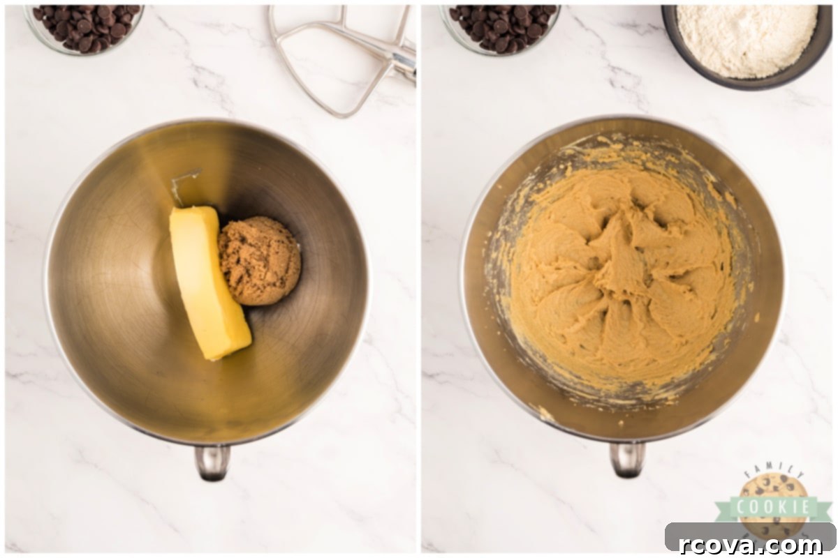 Indulgent Chocolate Chip Dough Gems 7 Softened butter and brown sugar being creamed together in a stand mixer bowl.