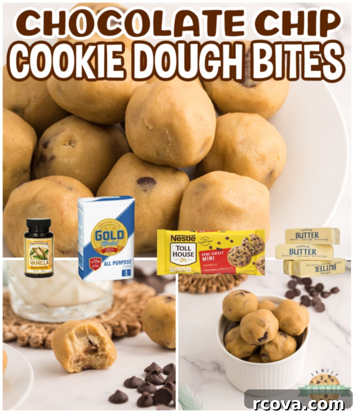 Indulgent Chocolate Chip Dough Gems 10 A collage of various images showing the delicious process and final result of making chocolate chip cookie dough bites, safe and ready to eat.