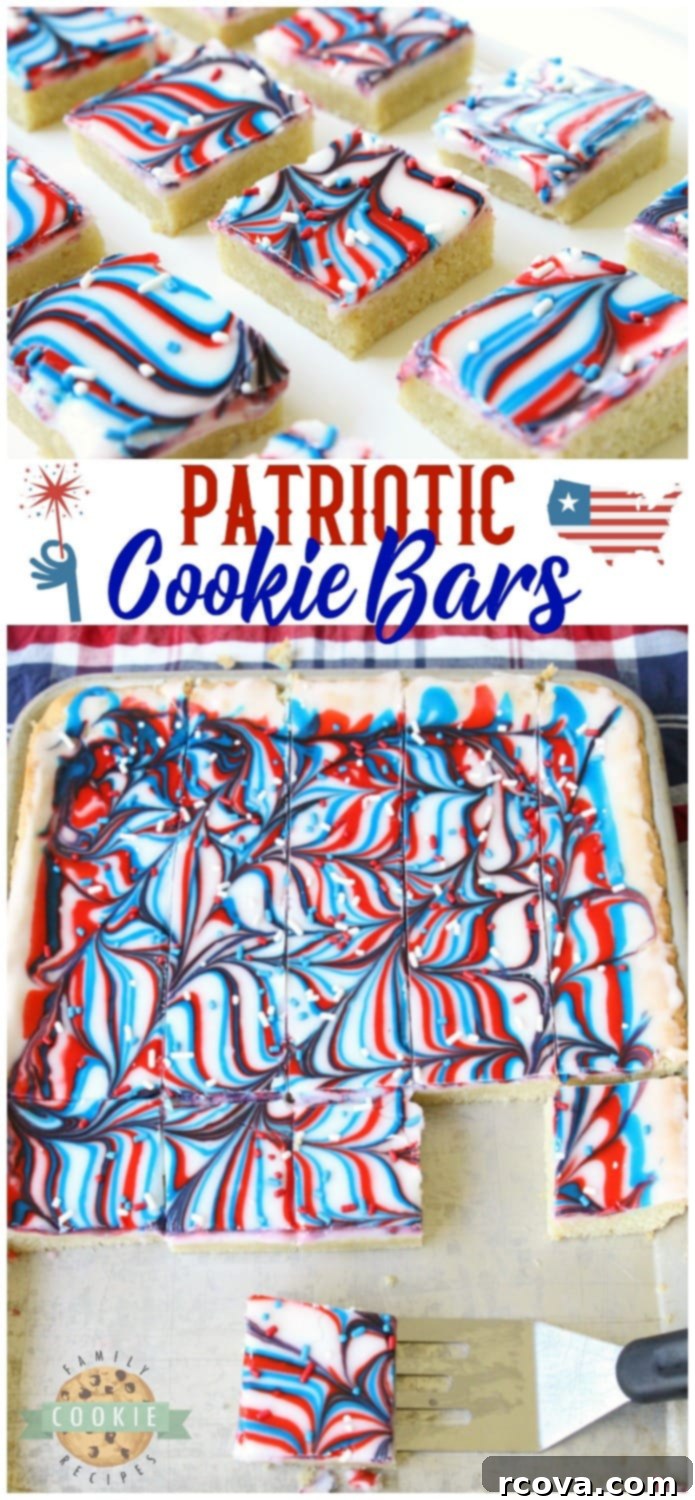 Marbled Patriotic Cookie Bars 5 Fun Patriotic Cookie Bars made with swirled red, white & blue icing making them perfectly festive! Easy sugar cookie bar recipe for 4th of July & Memorial Day. #Patriotic #4thofJuly #MemorialDay #redwhiteandblue #cookies #frosting #swirl #dessert