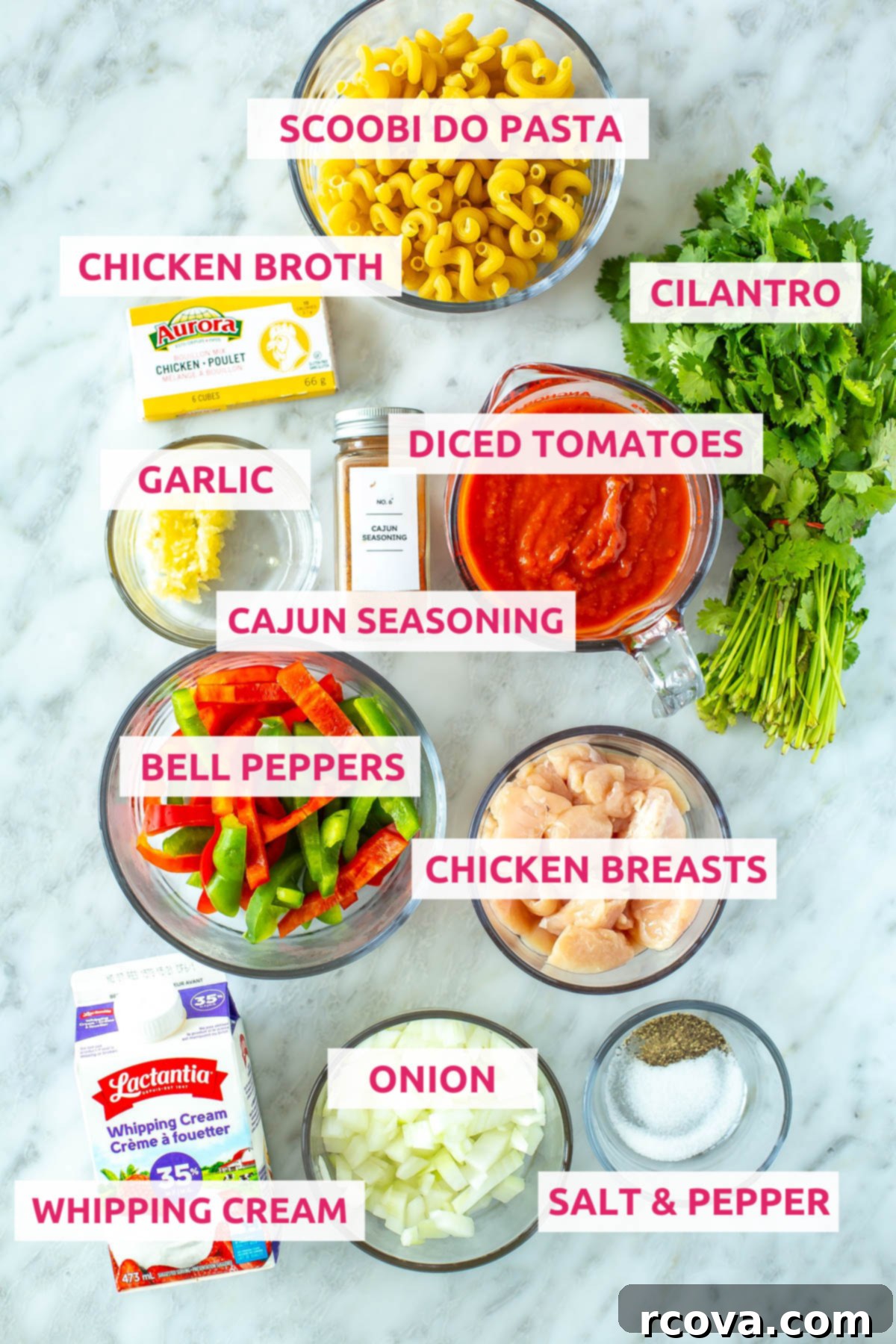 Velvet Cajun Chicken Pasta 3 Various ingredients for creamy Cajun chicken pasta laid out: dry scoobi do pasta, chicken breasts, colorful bell peppers, diced tomatoes, chicken broth, minced garlic, chopped onion, Cajun seasoning, heavy whipping cream, and fresh cilantro.