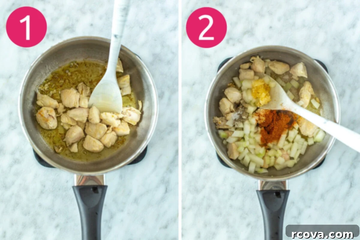 Velvet Cajun Chicken Pasta 4 Step-by-step photos for creamy Cajun chicken pasta showing chicken sautéing in a pot (Step 1) and then garlic, onion, and seasonings added to the same pot (Step 2).