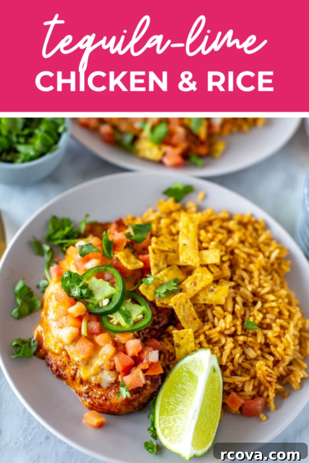 Tequila Lime Chicken Just Like Applebees 7 Copycat Tequila Lime Chicken on a plate with the text "Tequila Lime Chicken & Rice" on top.