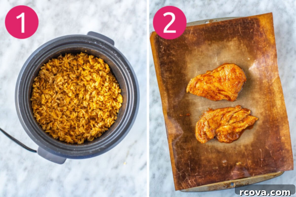 Tequila Lime Chicken Just Like Applebees 4 The first two steps for making Tequila Lime Chicken: a bowl of Tex-Mex rice cooking in a rice cooker, and chicken cutlets marinating in a bowl before being placed on a baking sheet.