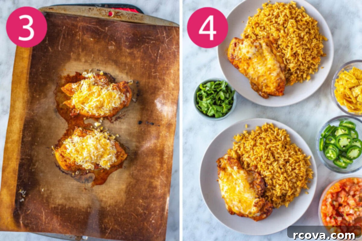 Tequila Lime Chicken Just Like Applebees 5 The final two steps for making Tequila Lime Chicken: melted cheese bubbling on top of baked chicken, and a finished plate with cheesy chicken and Tex-Mex rice, ready to be enjoyed.