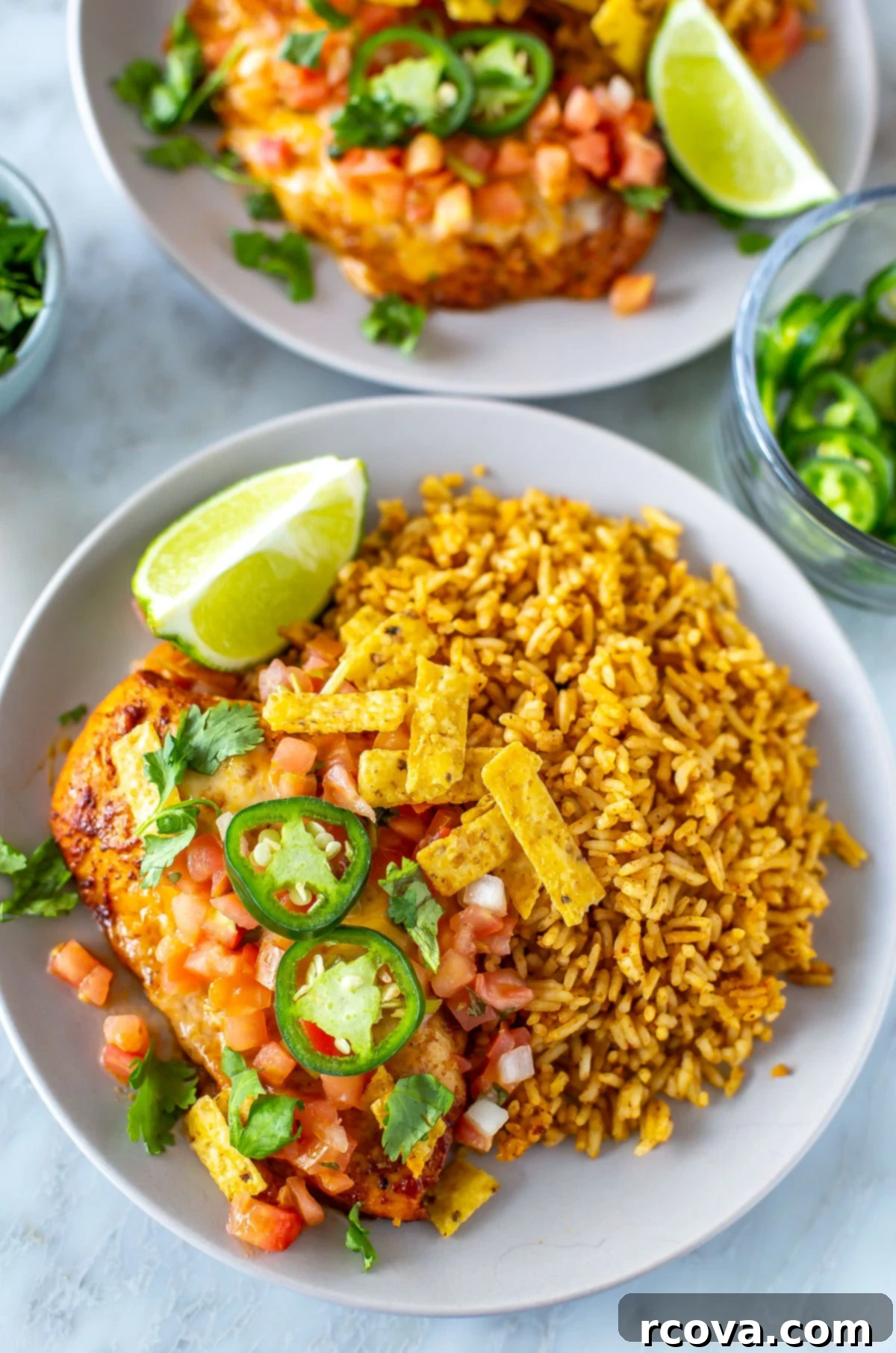 This Tequila Lime Chicken is a delightful and flavourful Tex Mex dinner idea that perfectly doubles as a convenient and tasty weekly meal prep option for easy lunches. A vibrant plate of Tequila Lime Chicken served alongside a generous portion of Tex-Mex rice, adorned with fresh toppings.
