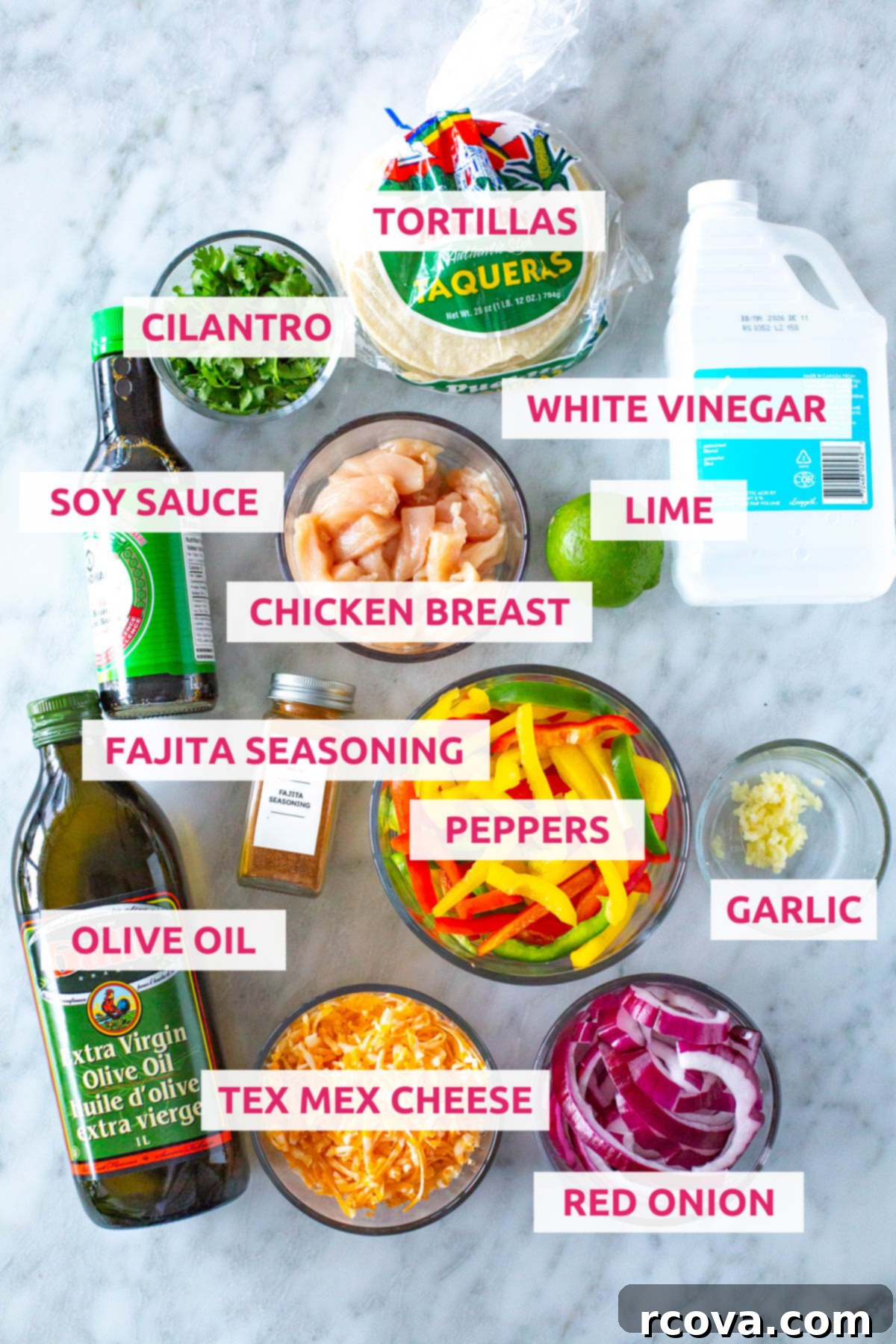 Effortless Sheet Pan Chicken Fajitas 4 A selection of fresh ingredients laid out, including chicken breast, bell peppers of various colors, red onion, garlic, lime, olive oil, and fajita seasoning.