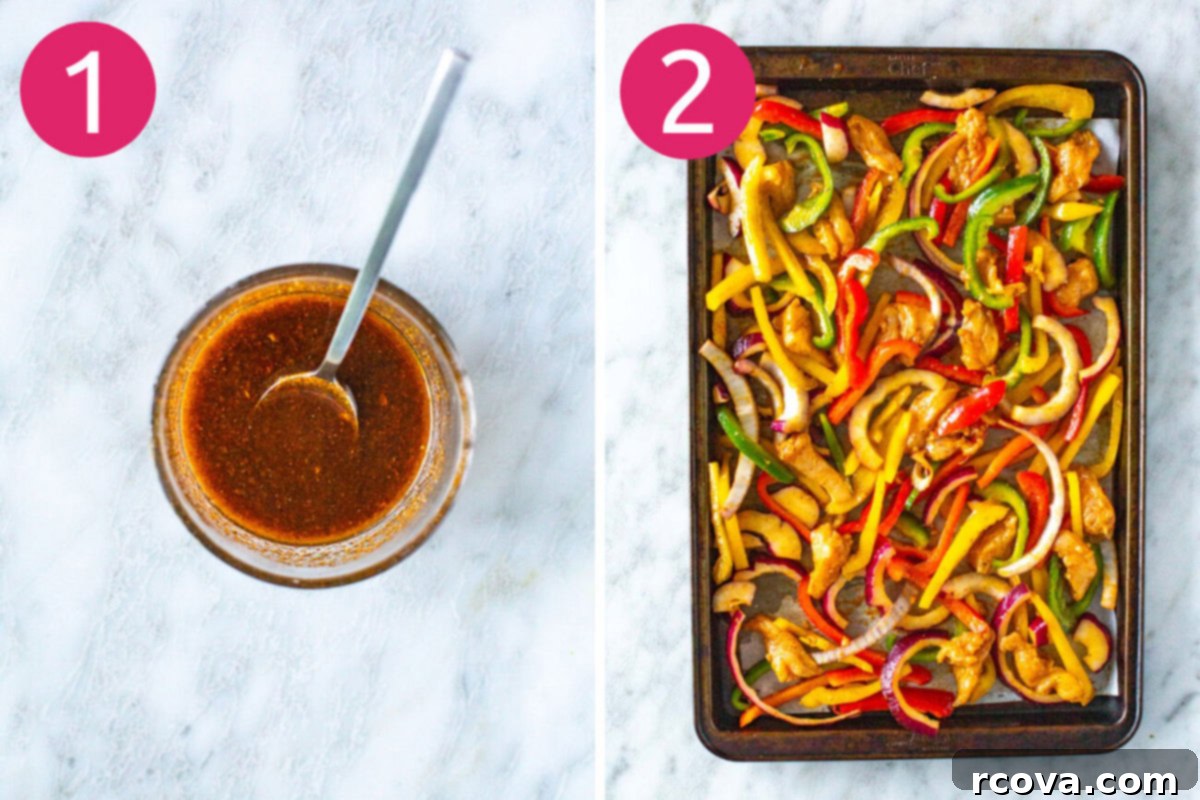 Effortless Sheet Pan Chicken Fajitas 5 A two-part image showing step 1: mixing marinade ingredients in a bowl, and step 2: marinated chicken, sliced peppers, and onions spread on a parchment-lined sheet pan.