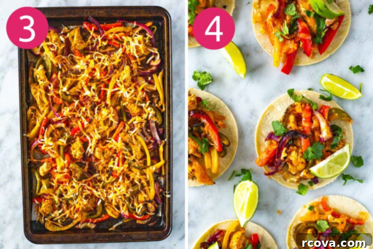 Effortless Sheet Pan Chicken Fajitas 6 A two-part image showing step 3: shredded cheese sprinkled over the baked chicken and vegetables on a sheet pan, and step 4: a serving of chicken fajitas with cilantro and lime in a tortilla.