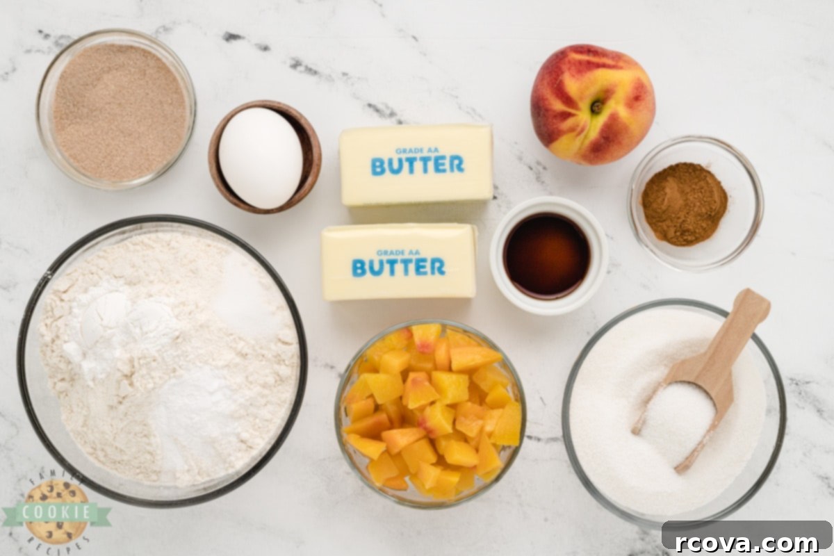 Golden Peach Snickerdoodle Delights 4 All the fresh ingredients laid out for making Peach Snickerdoodle Cookies, including butter, sugar, flour, and ripe peaches