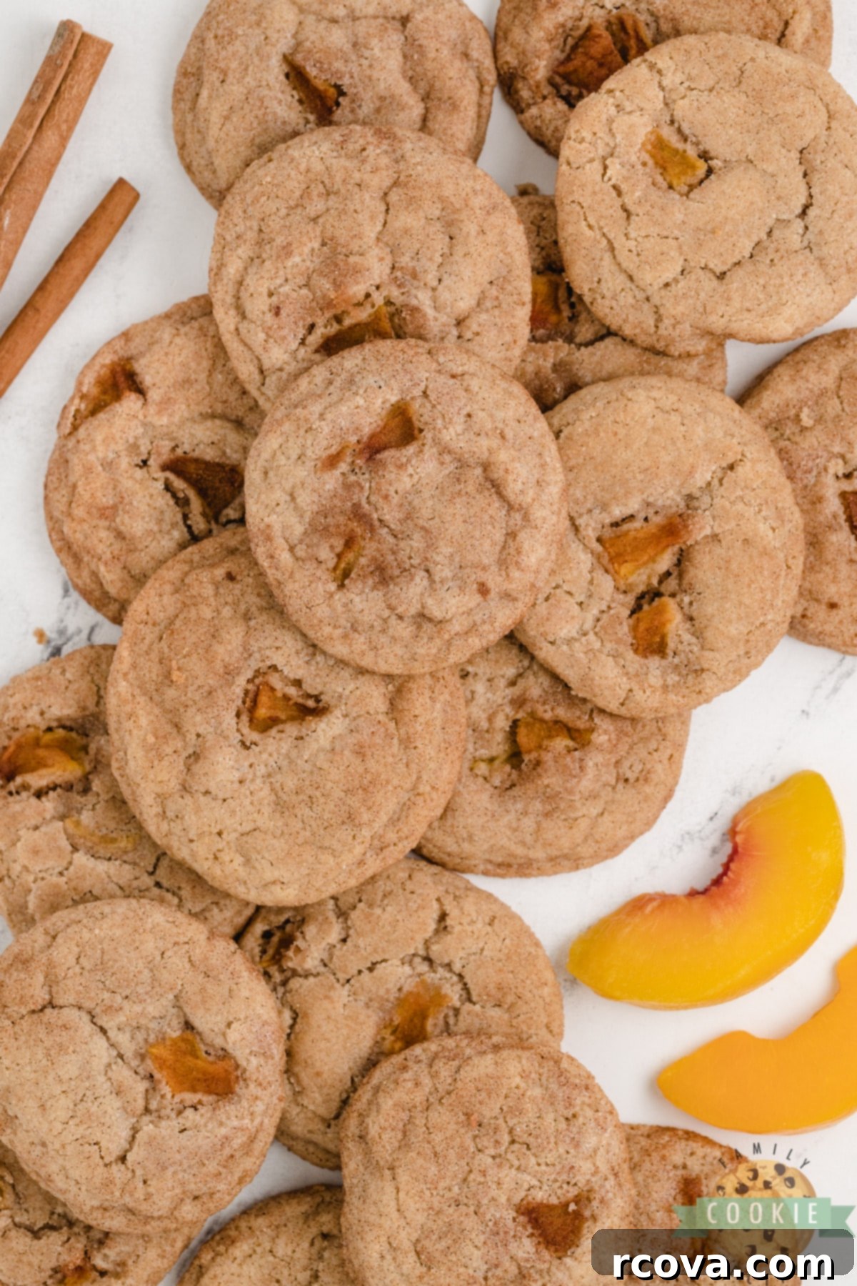 Golden Peach Snickerdoodle Delights 10 A close-up of a single Peach Snickerdoodle Cookie, highlighting its soft interior and the visible pieces of peach