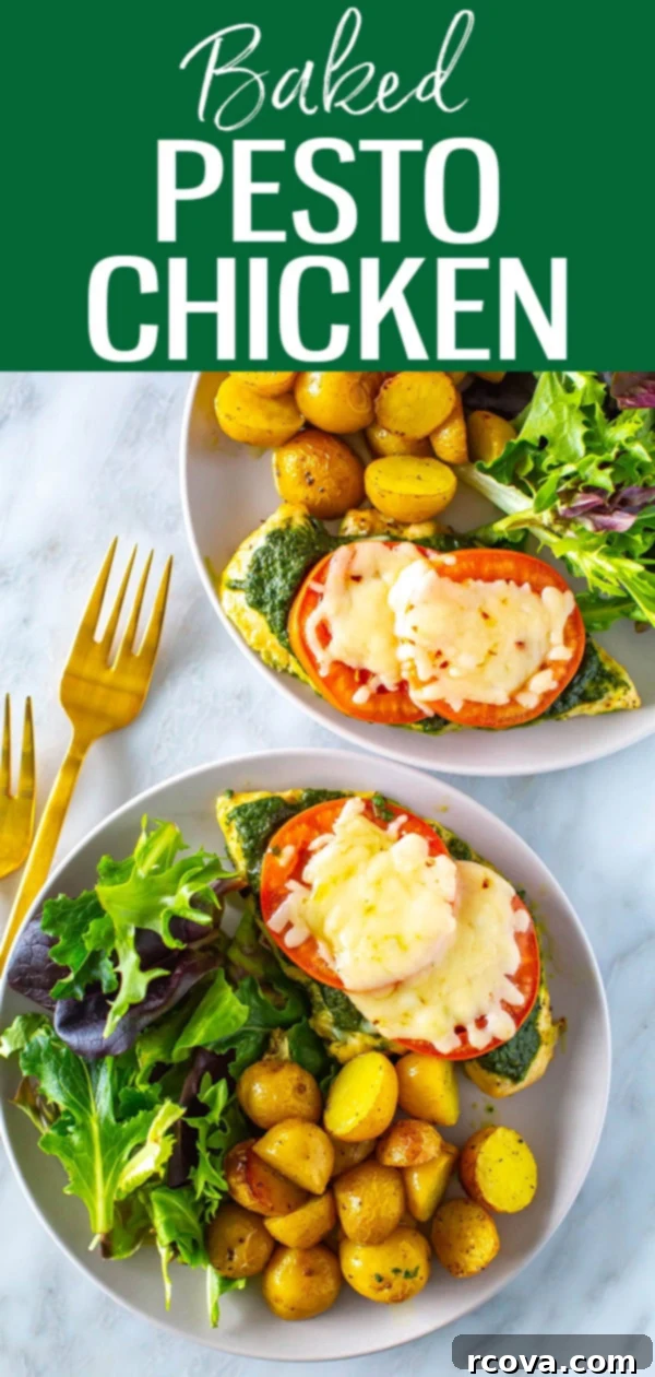 One-Pan Pesto Chicken Bake 12 This cheesy Baked Pesto Chicken dinner with potatoes and salad is made on a sheet pan for easy cleanup. Plus, it’s ready in 40 minutes! #pestochicken #sheetpan
