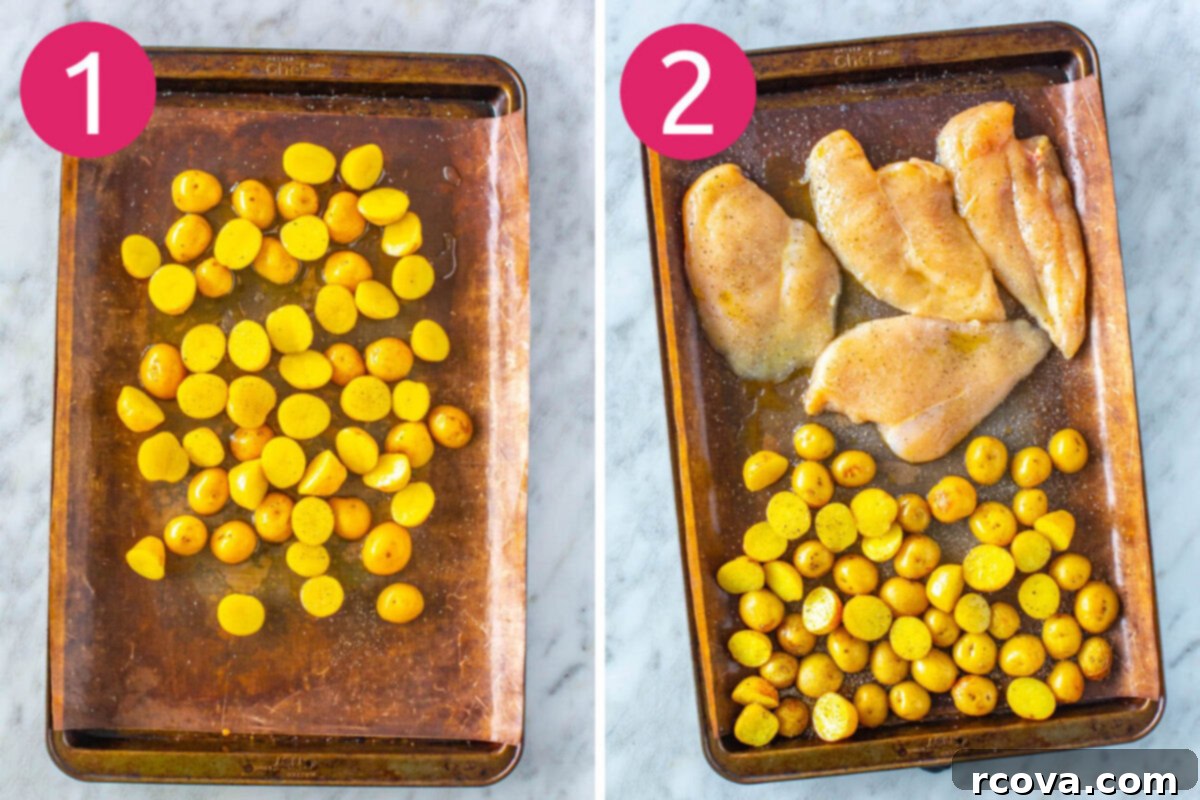 One-Pan Pesto Chicken Bake 5 Steps 1 and 2 for making baked pesto chicken dinner: roast the potatoes then bake the chicken.