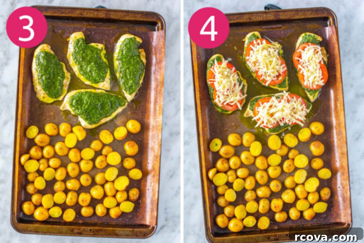 One-Pan Pesto Chicken Bake 6 Steps 3 and 4 for making baked pesto chicken dinner: coat chicken with pesto then top with tomato and mozzarella and bake.