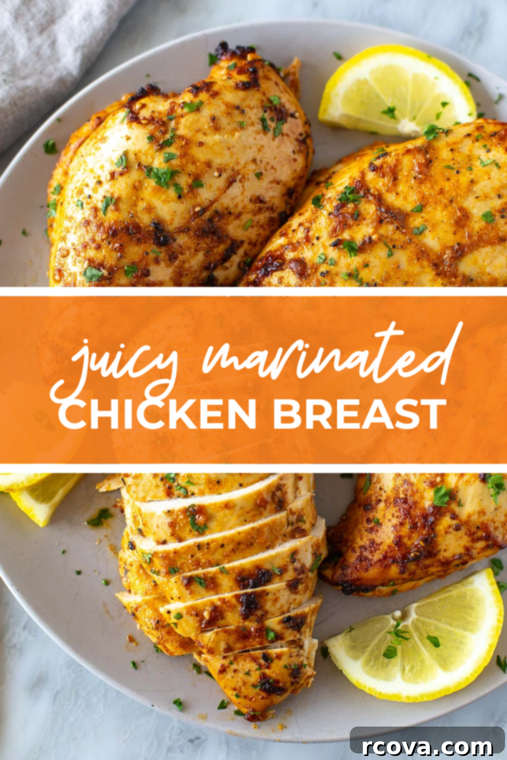 Ultimate Marinated Chicken Breast Perfection 11 overhead shot of plated dish with orange banner in the middle - reading "juice marinated chicken beast"