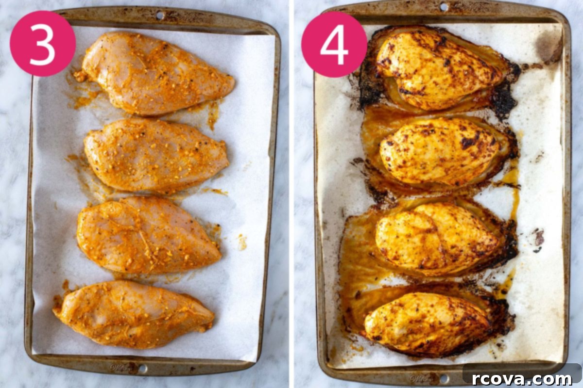 Ultimate Marinated Chicken Breast Perfection 6 Steps 3 and 4 for making marinated chicken breast, showing chicken placed on a baking sheet and then baked.