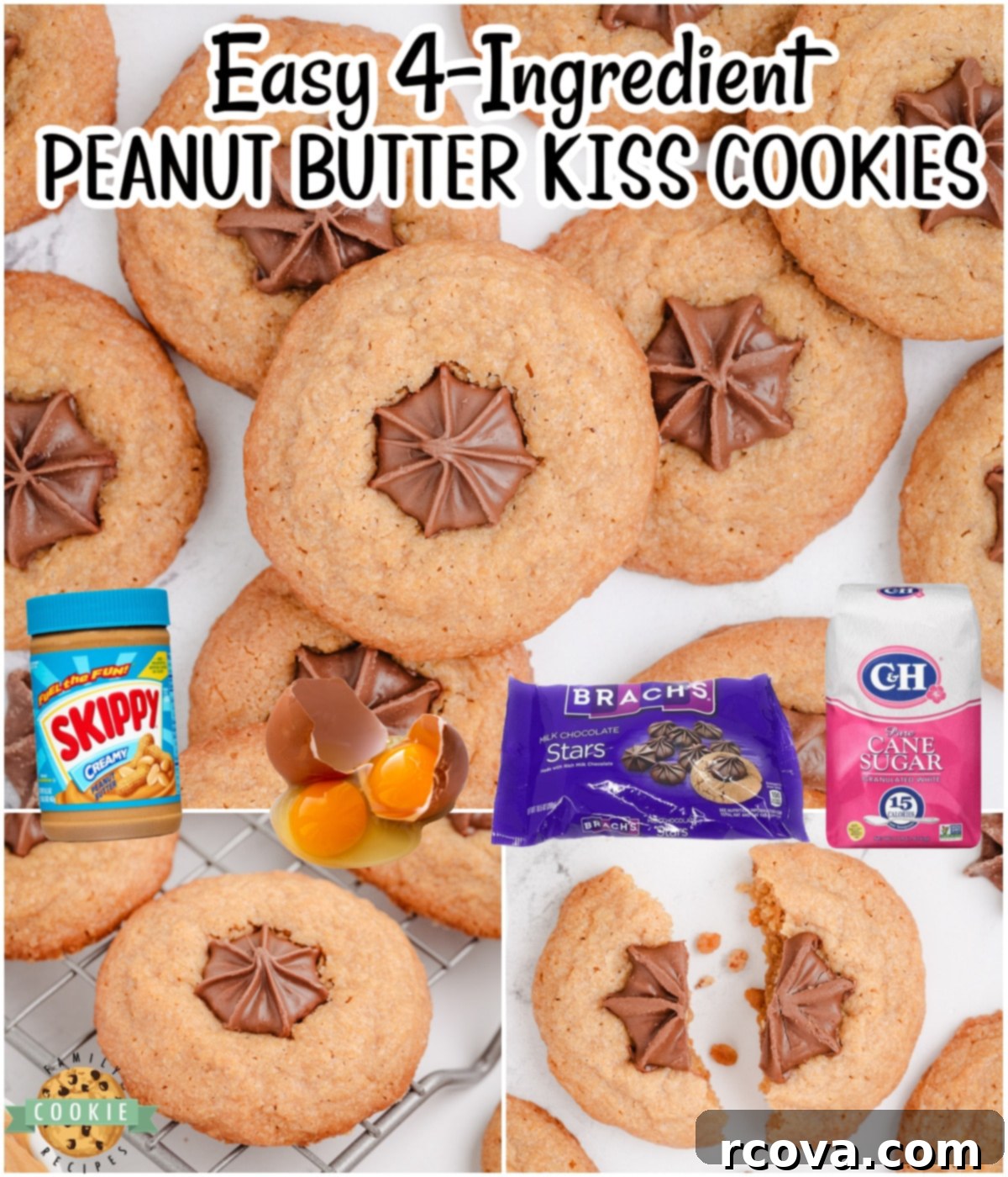 Effortless Peanut Butter Blossoms 7 Easy Peanut Butter Kiss Cookies are made with 4 simple ingredients: peanut butter, sugar, eggs & topped with star kisses! These Hershey kisses peanut butter cookies have a rich, nutty flavor with a sweet, chocolatey finish.