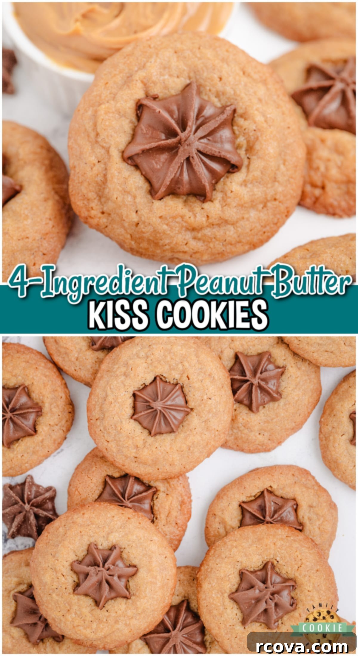 Effortless Peanut Butter Blossoms 8 Easy Peanut Butter Kiss Cookies are made with 4 simple ingredients: peanut butter, sugar, eggs & topped with star kisses! These Hershey kisses peanut butter cookies have a rich, nutty flavor with a sweet, chocolatey finish.